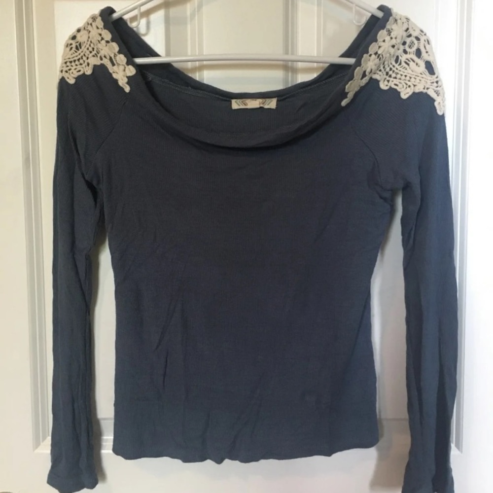 Blue long sleeve ribbed tee off the shoulder lace